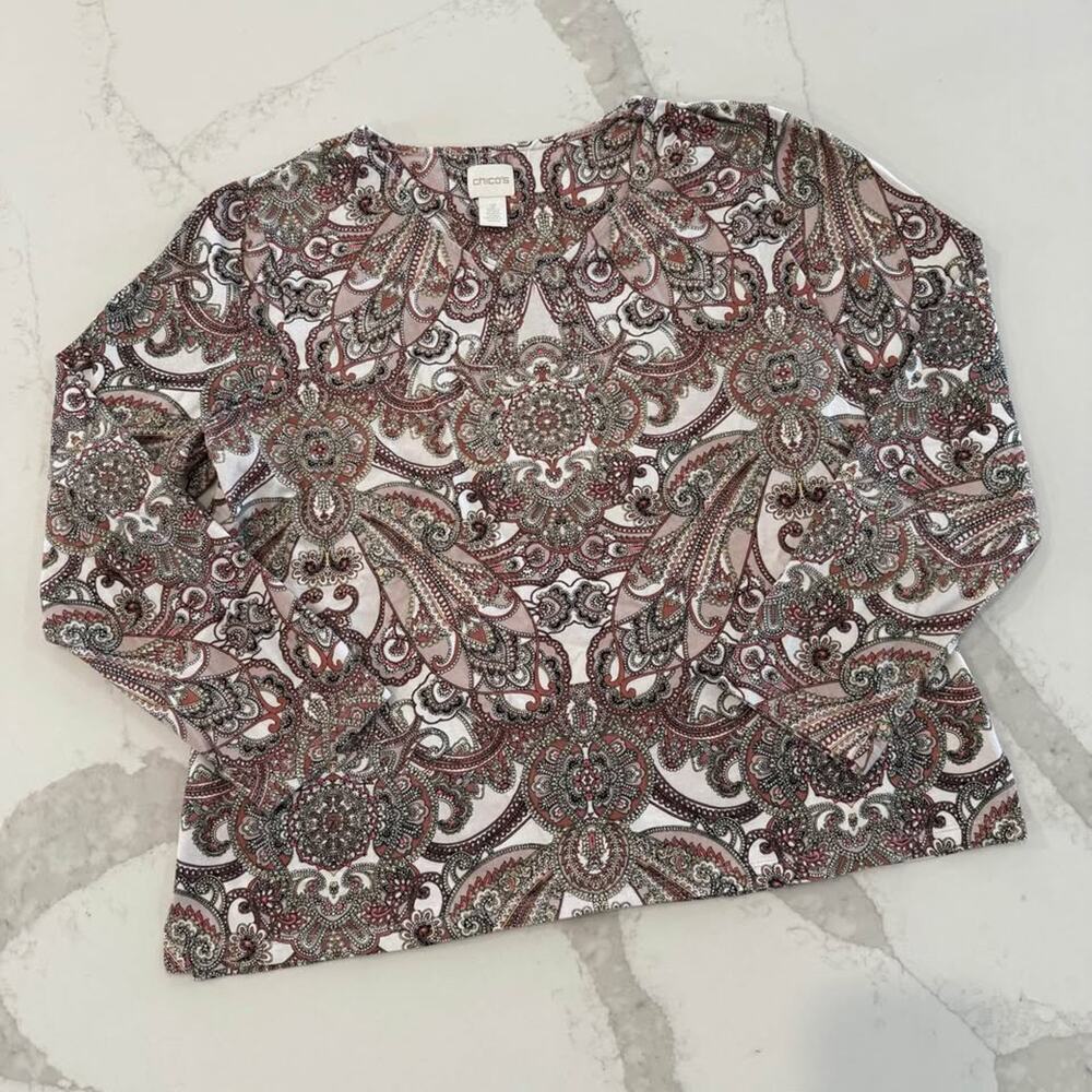 Chico's French Romance V-Neck Long Sleeve Top Women’s Size 2 Paisley Multicolor